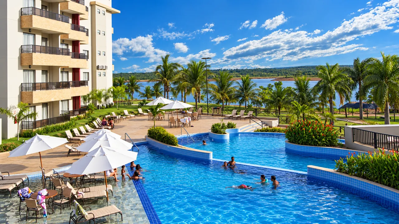Piscinas com vista para o lago no Marina Flat & Náutica