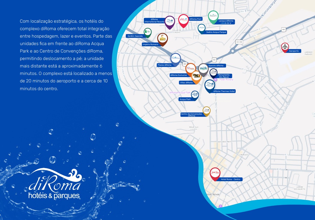Mapa do grupo diRoma com a localização de hotéis e parques em Caldas Novas